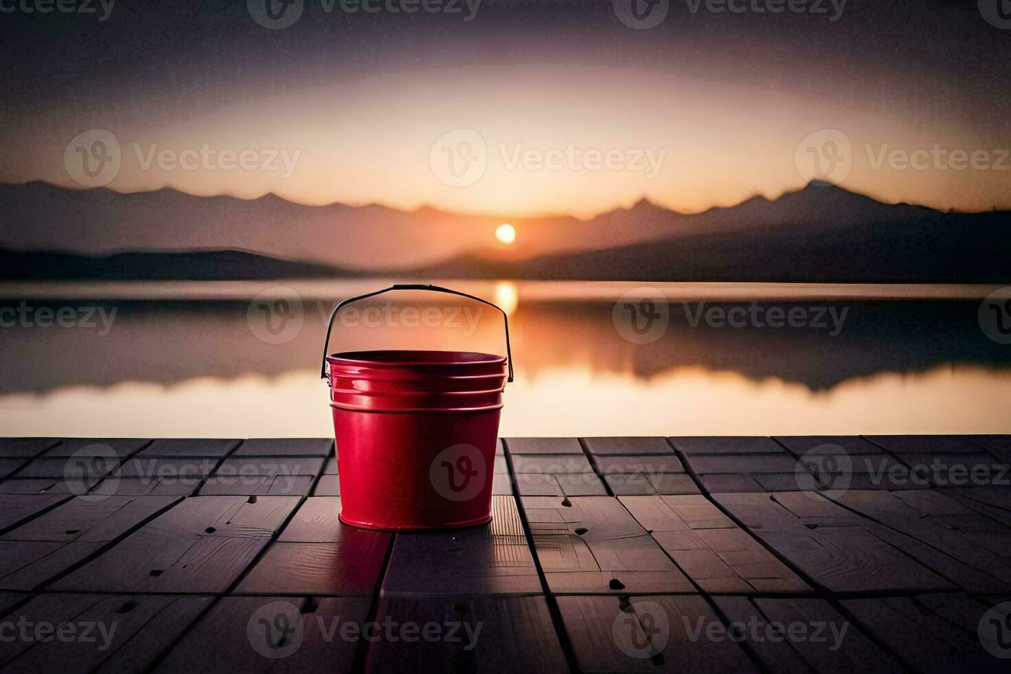 a red bucket sits on a wooden deck overlooking a lake. AI-Generated photo