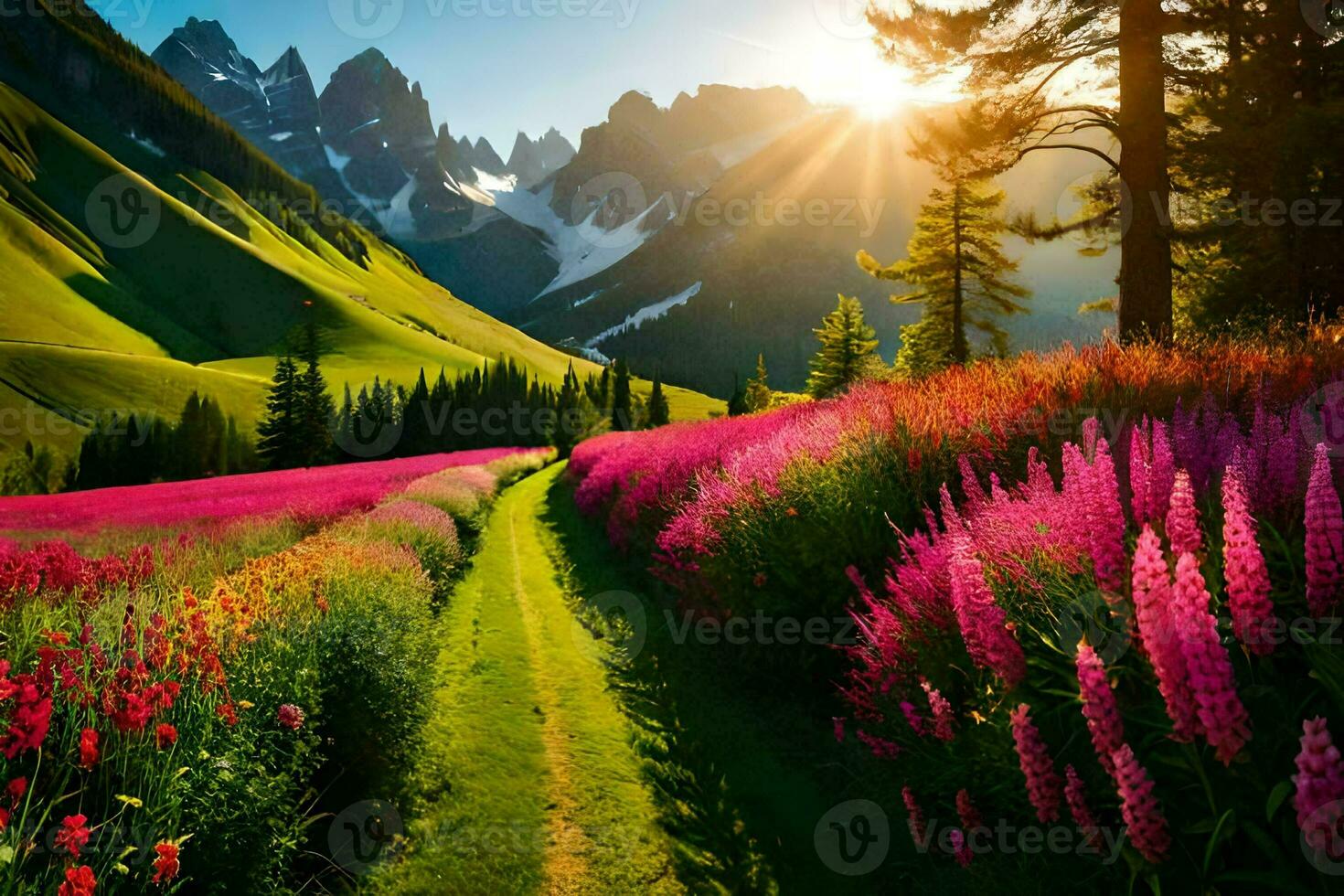 the sun shines on a field of pink flowers in the mountains. AI-Generated photo
