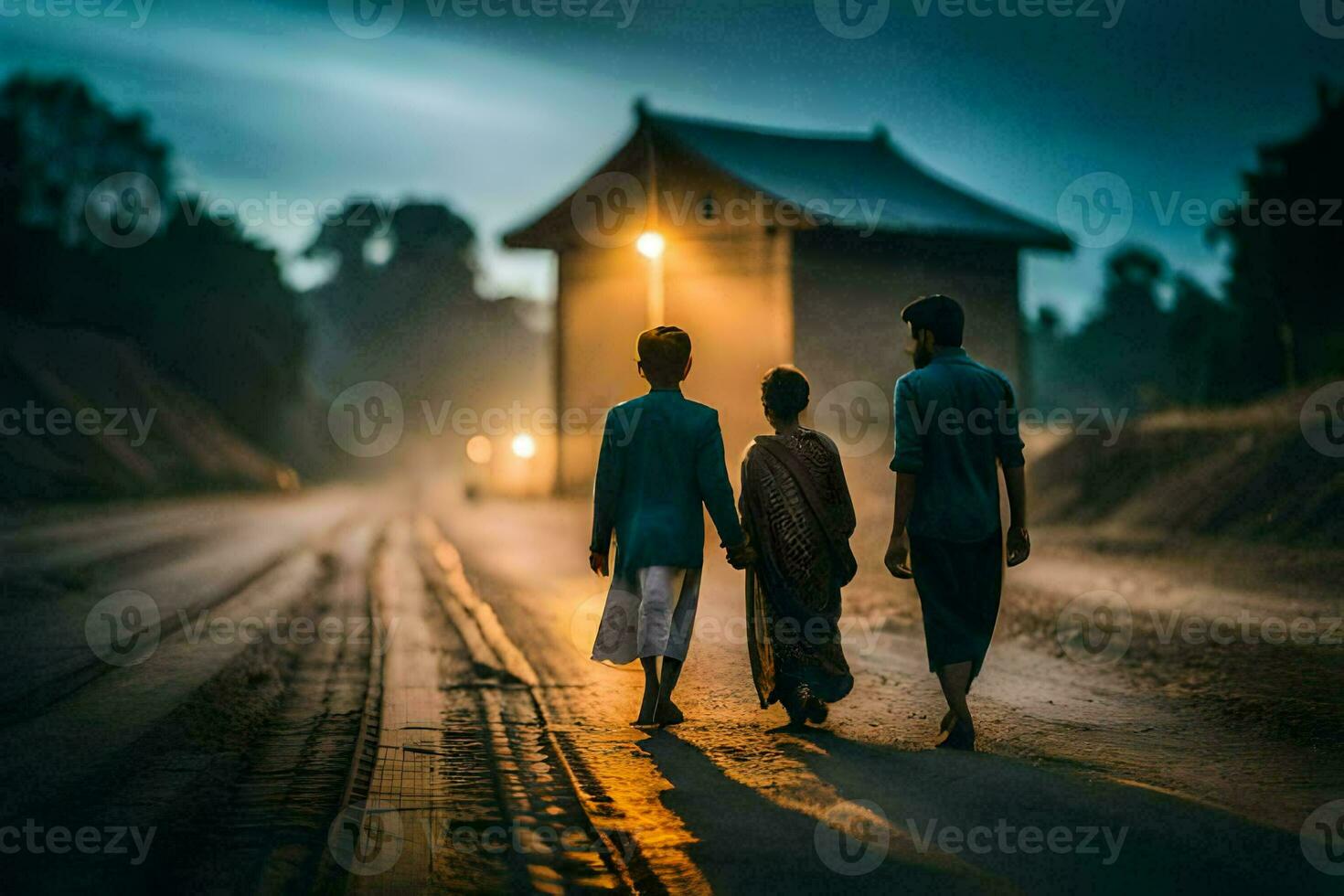 three people walking down a road at dusk. AI-Generated photo