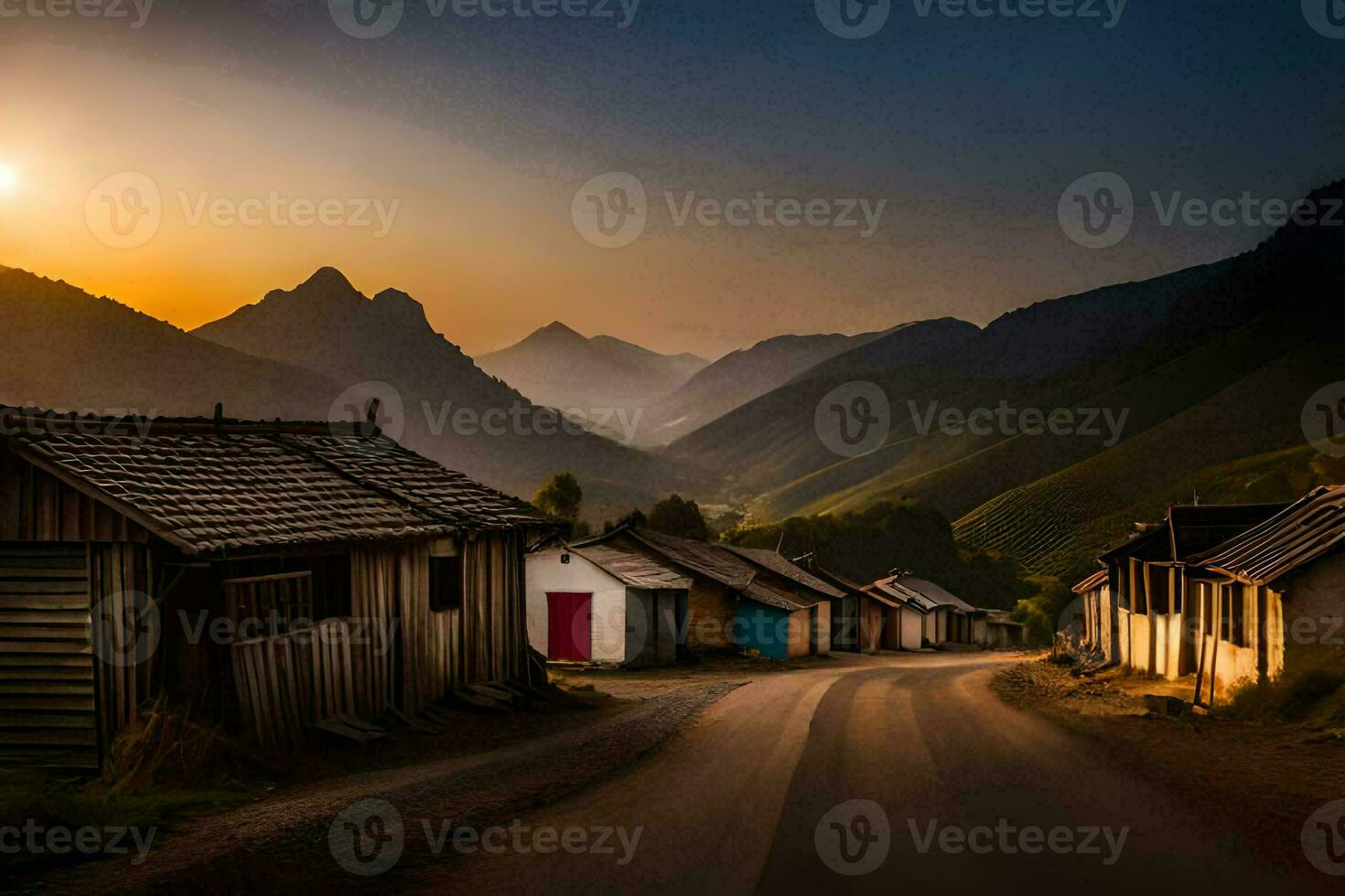 un la carretera líder a un pueblo con casas y montañas en el antecedentes. generado por ai foto