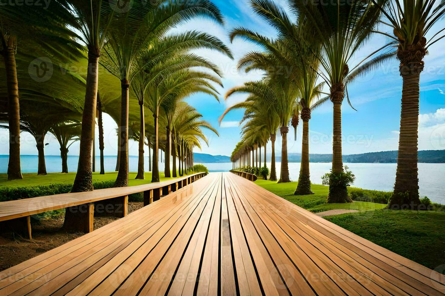 a long wooden walkway lined with palm trees. AI-Generated photo