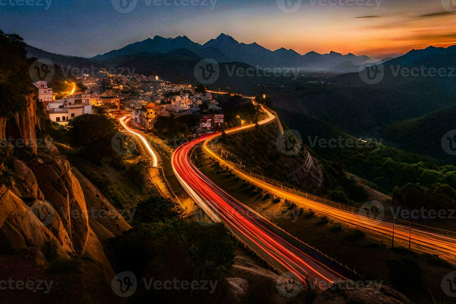 a long exposure photograph of a road in the mountains. AI-Generated photo