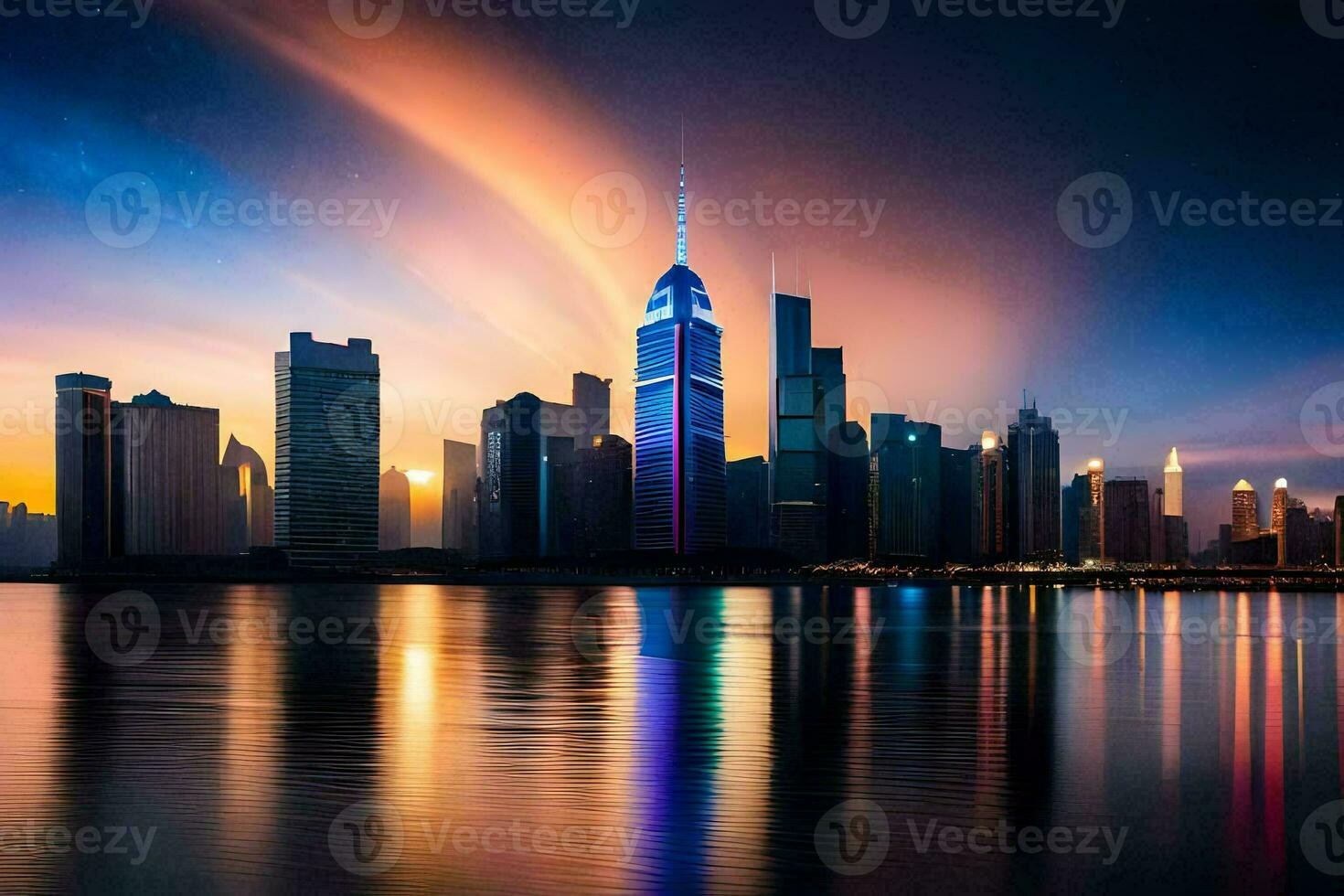 the city skyline at night with a colorful sky. AI-Generated photo