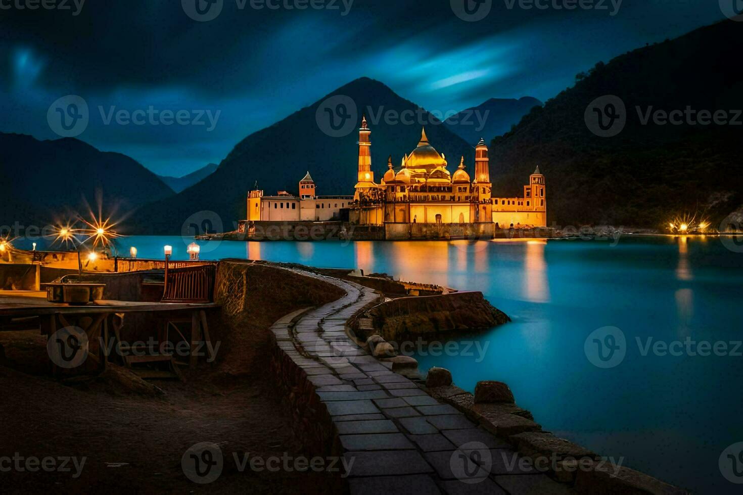 photo wallpaper the sky, mountains, water, the night, the lake, the city, the. AI-Generated
