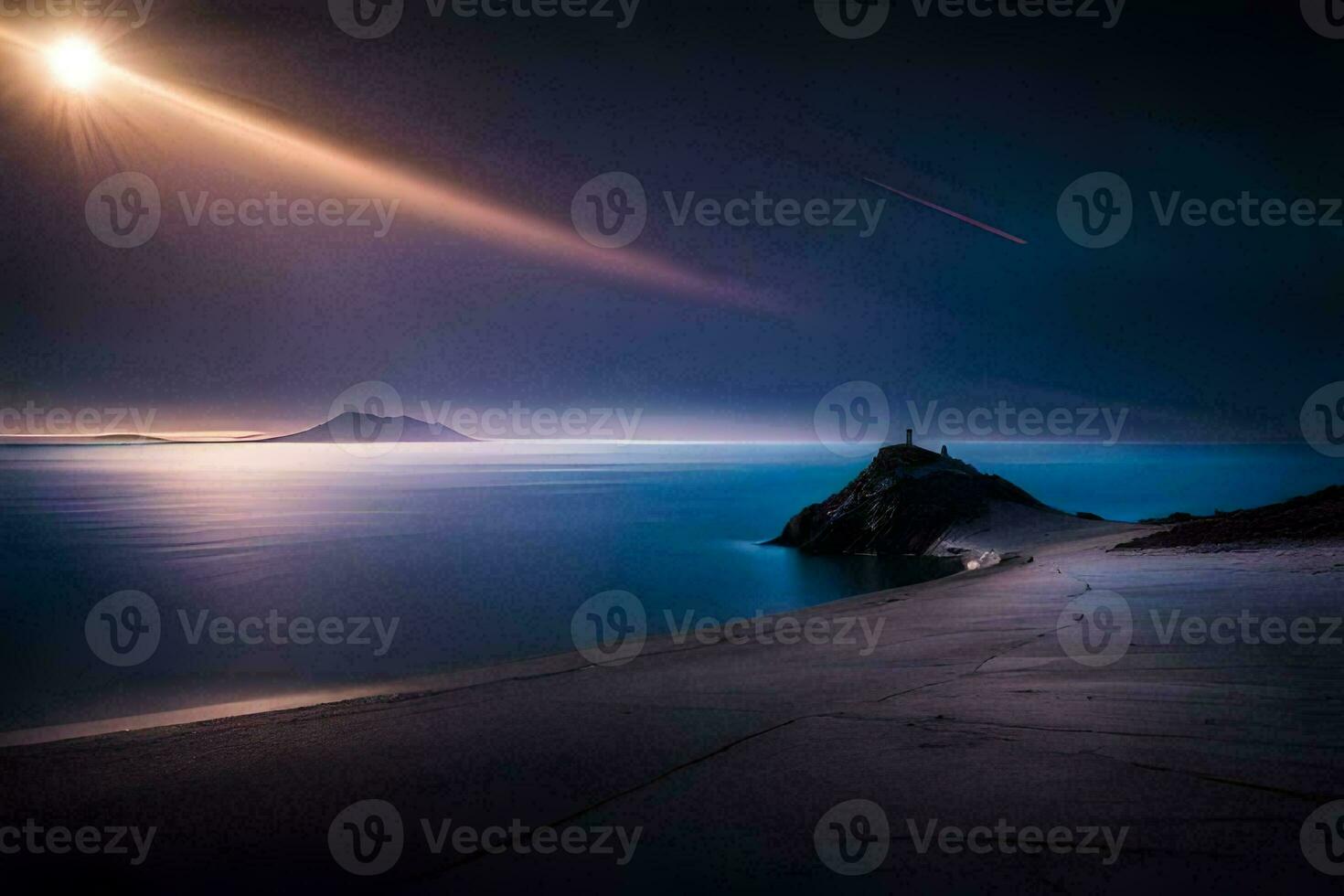 the moon is shining over a beach at night. AI-Generated photo