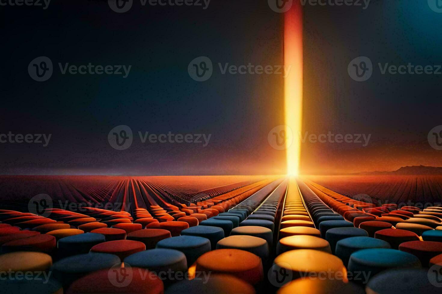 a long line of colorful bottles in a field. AI-Generated photo