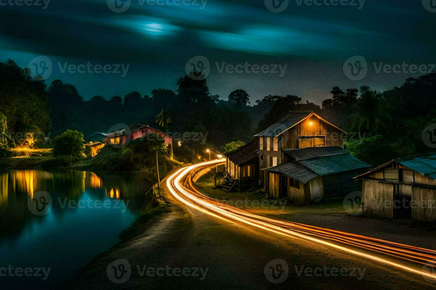 a long exposure photograph of a river and houses at night. AI-Generated photo