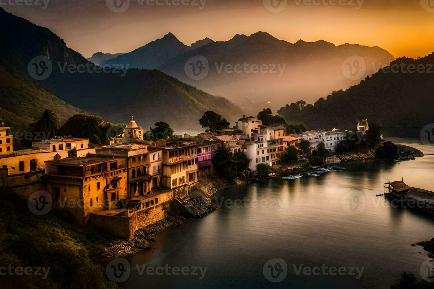 foto fondo de pantalla el cielo, montañas, río, casa, India, atardecer, el ciudad,. generado por ai