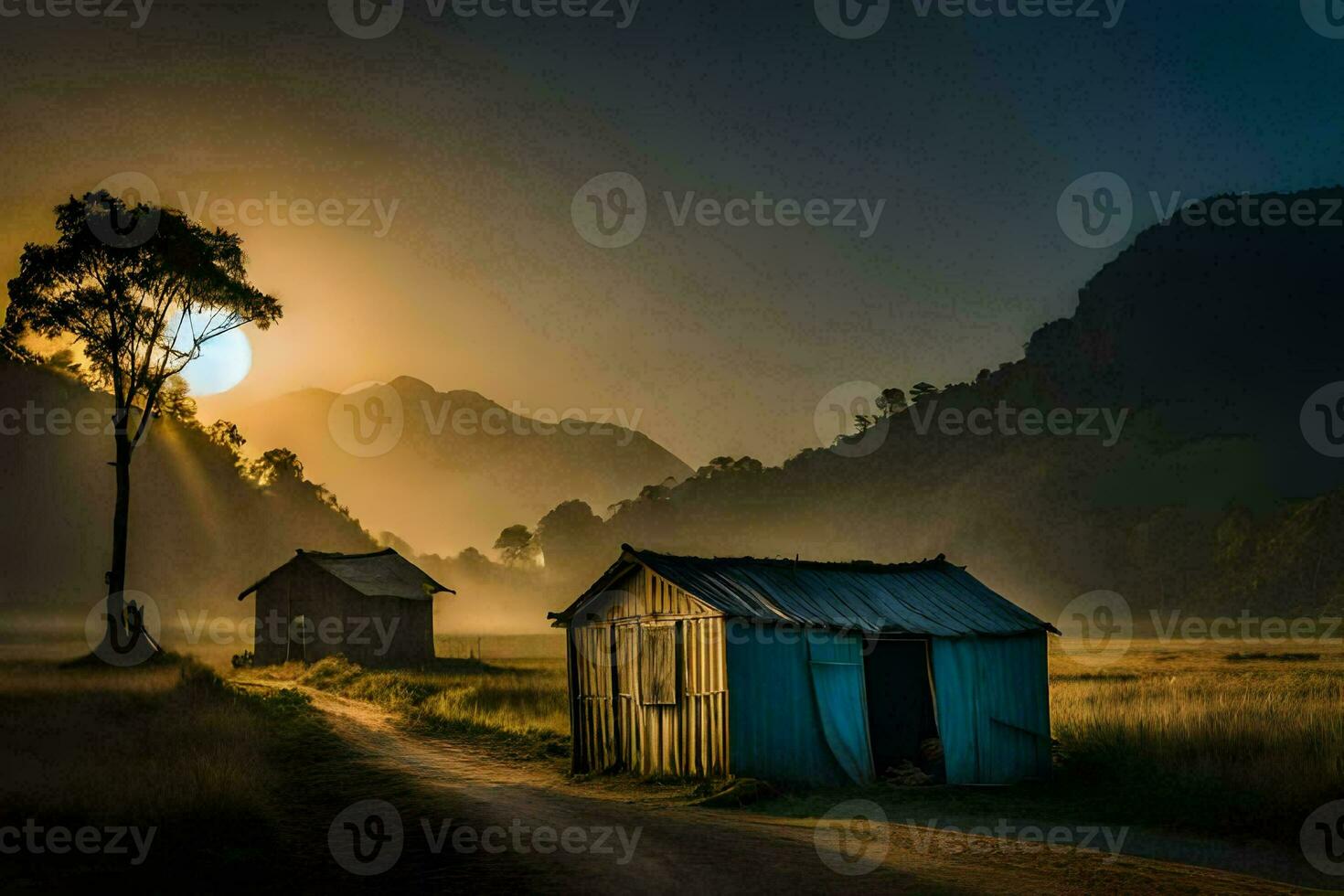 the sun rises over a small shack in the middle of a field. AI-Generated photo