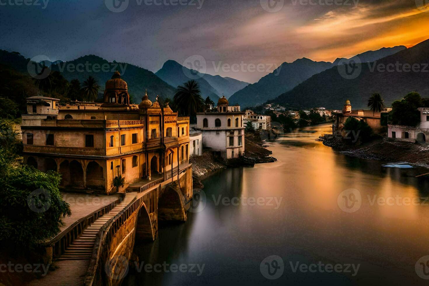 the sun sets over a river in india. AI-Generated photo