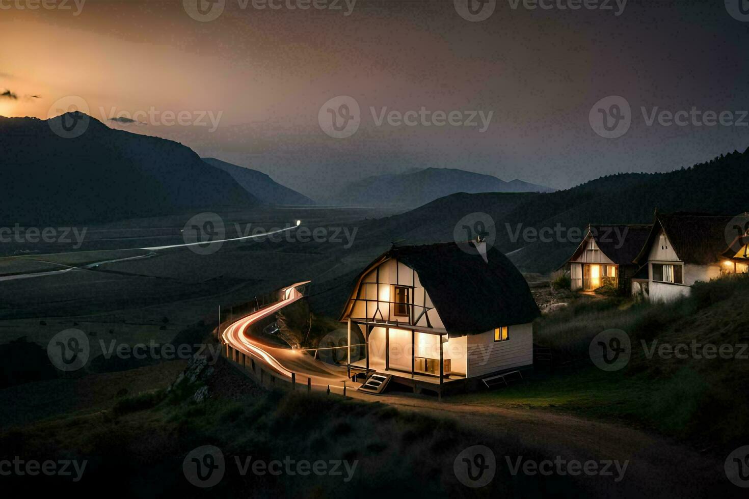 a house in the mountains at dusk. AI-Generated photo