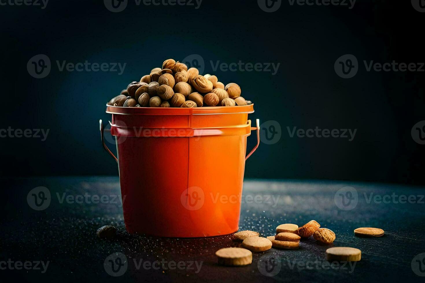 a bucket filled with peanuts on a dark table. AI-Generated photo
