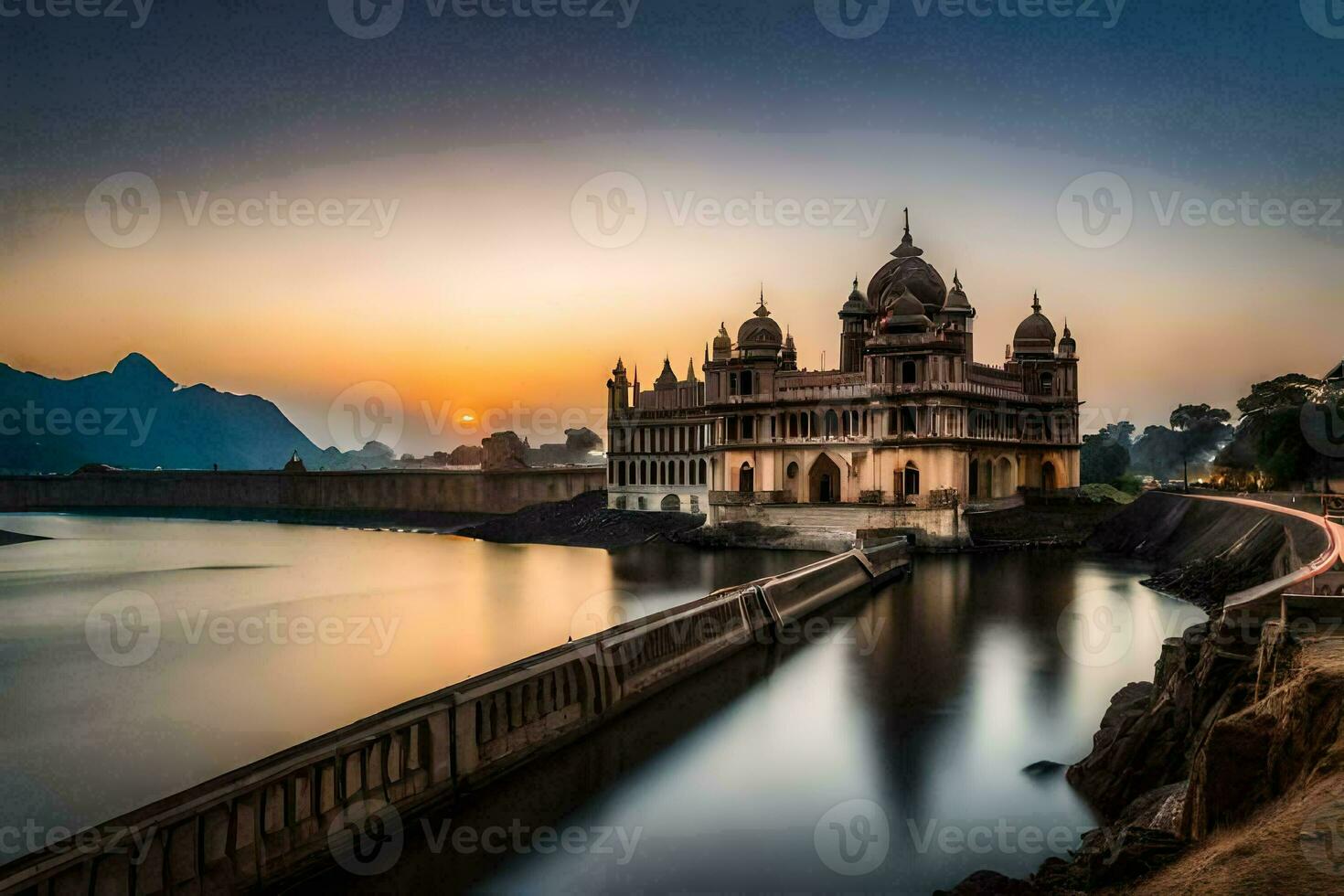 the sun sets over a large building in india. AI-Generated photo