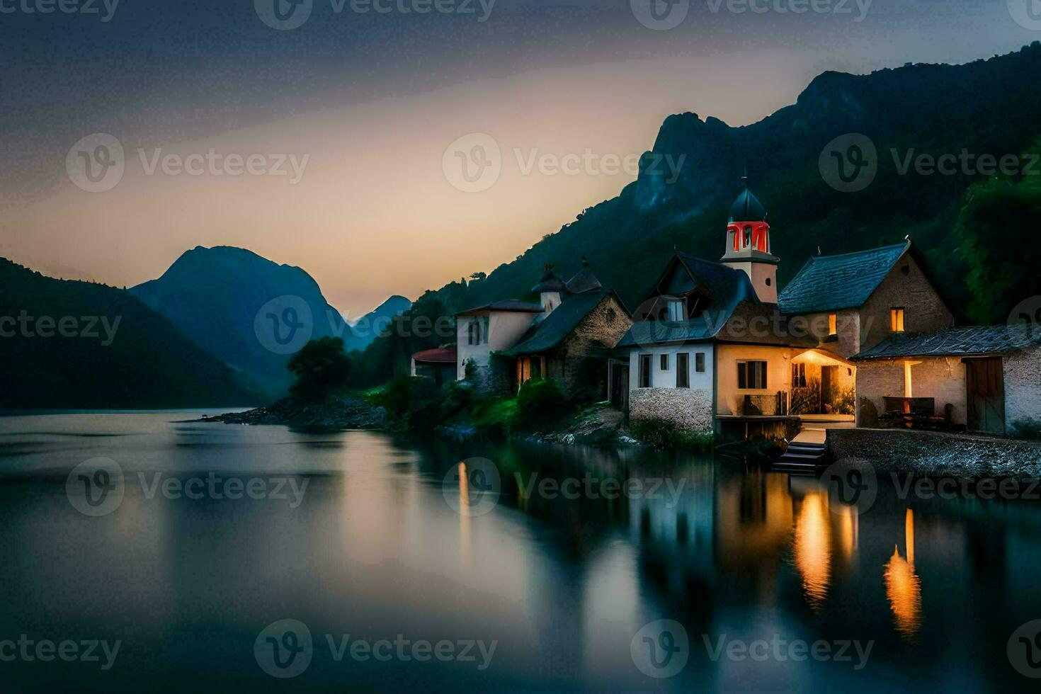 a house sits on the side of a river at dusk. AI-Generated photo