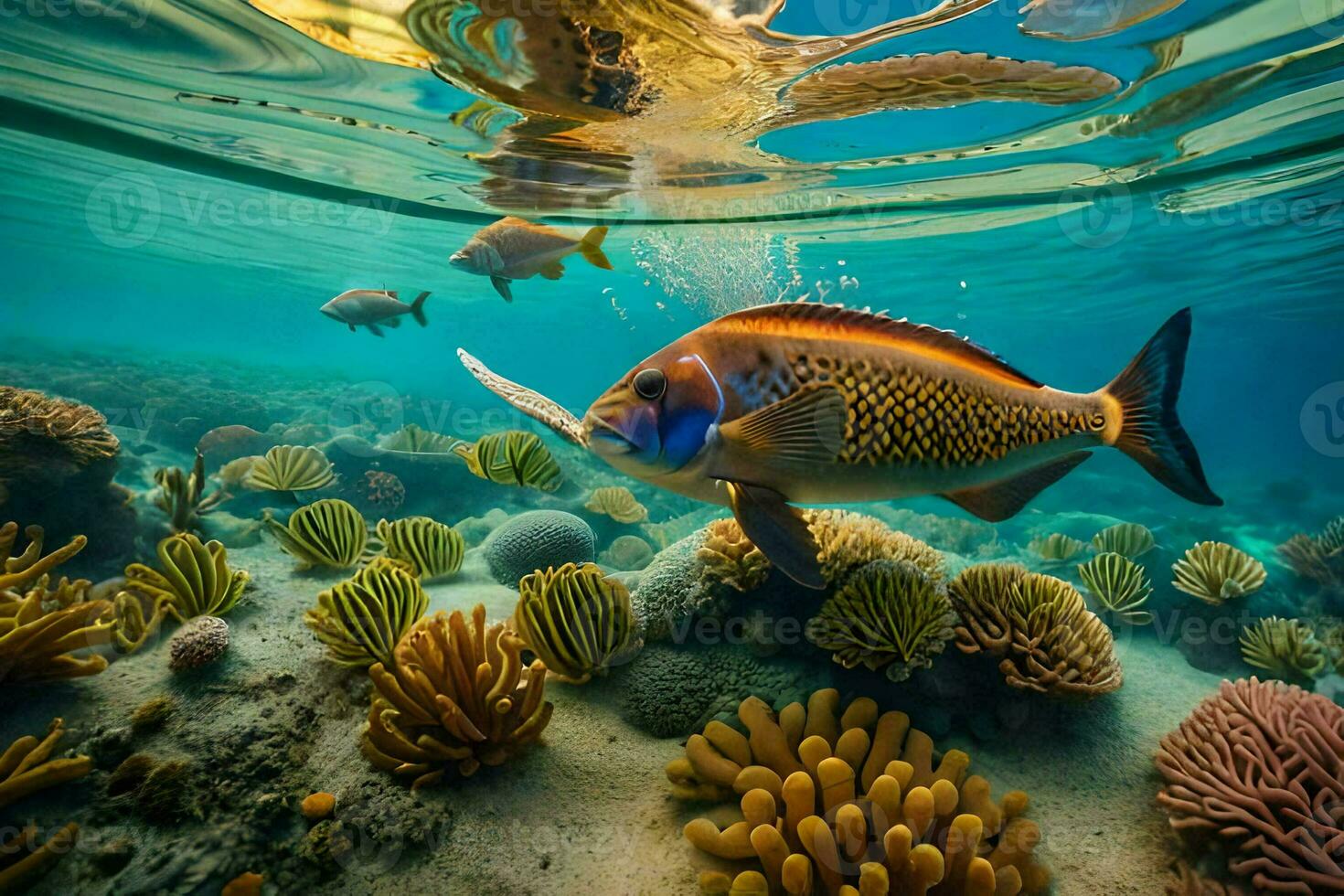 a fish swimming in the water with coral reefs. AI-Generated photo