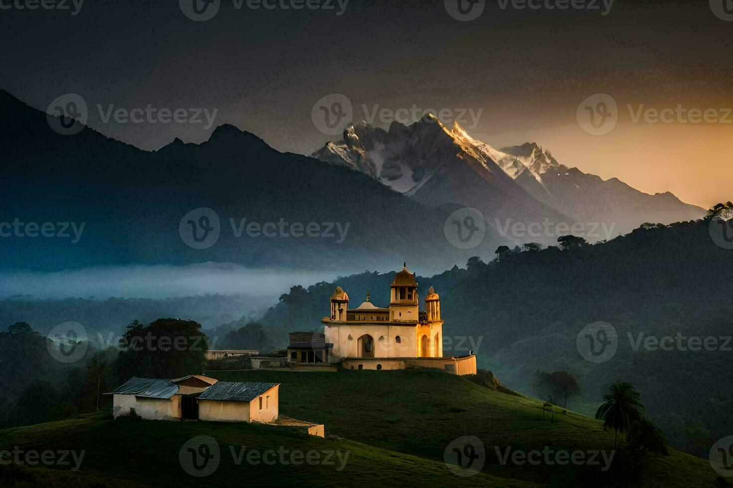 a church on a hill with mountains in the background. AI-Generated photo