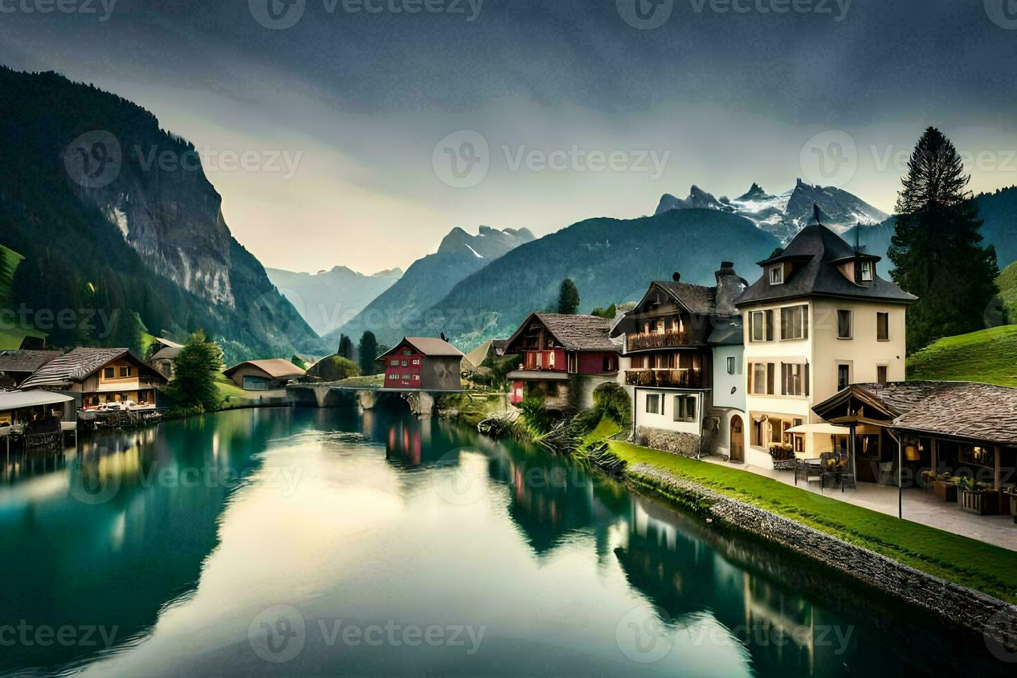 a river runs through a village in the mountains. AI-Generated photo