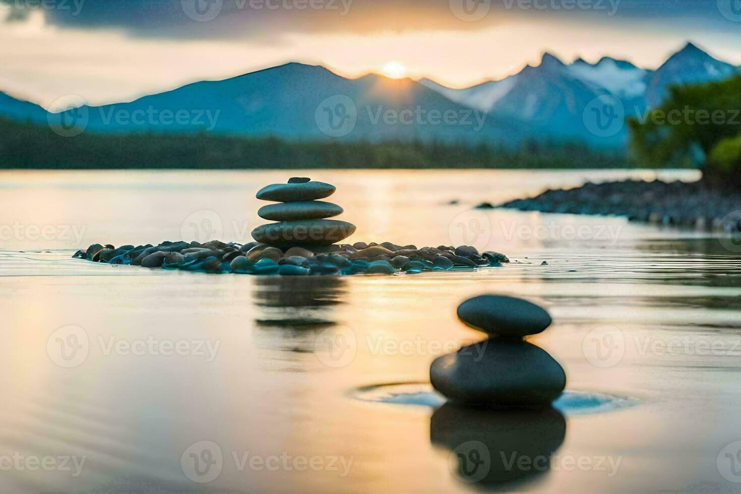 stacked stones in the water at sunset. AI-Generated photo