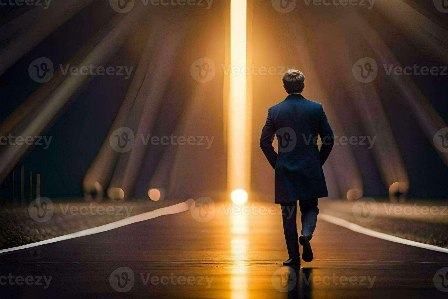 un hombre en un traje camina abajo un largo la carretera. generado por ai foto