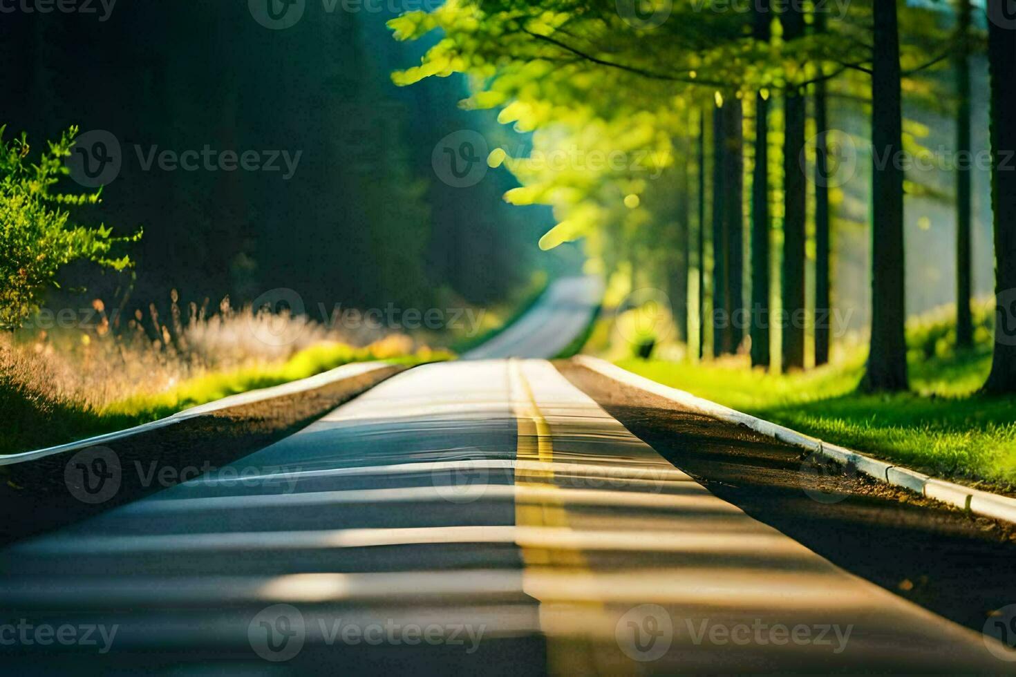 a long road with trees lining both sides. AI-Generated photo