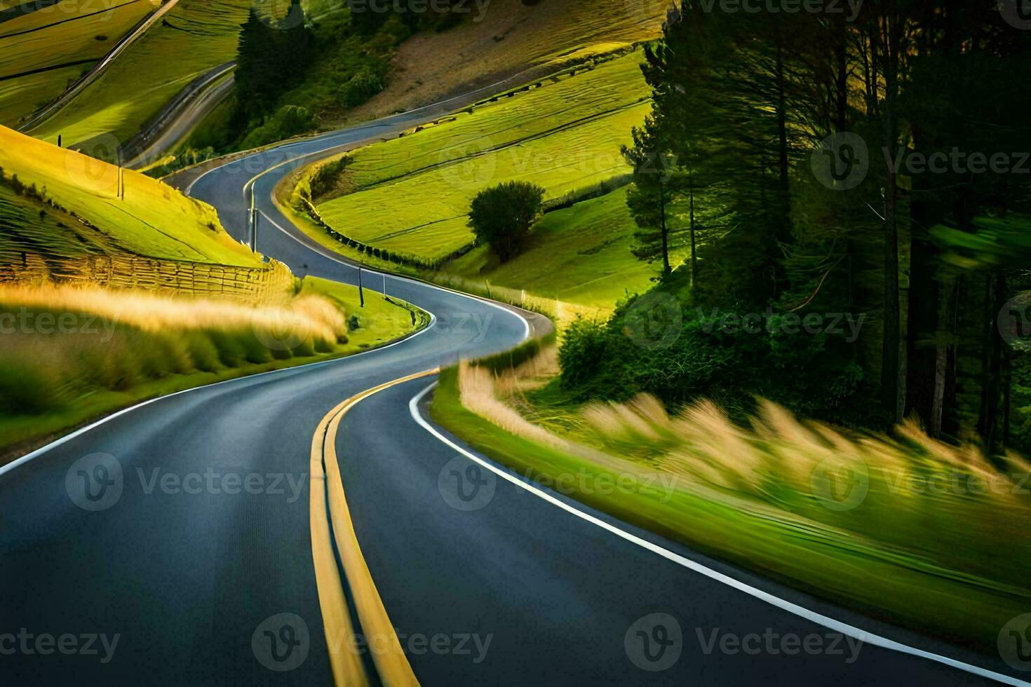 a long, winding road in the countryside. AI-Generated photo