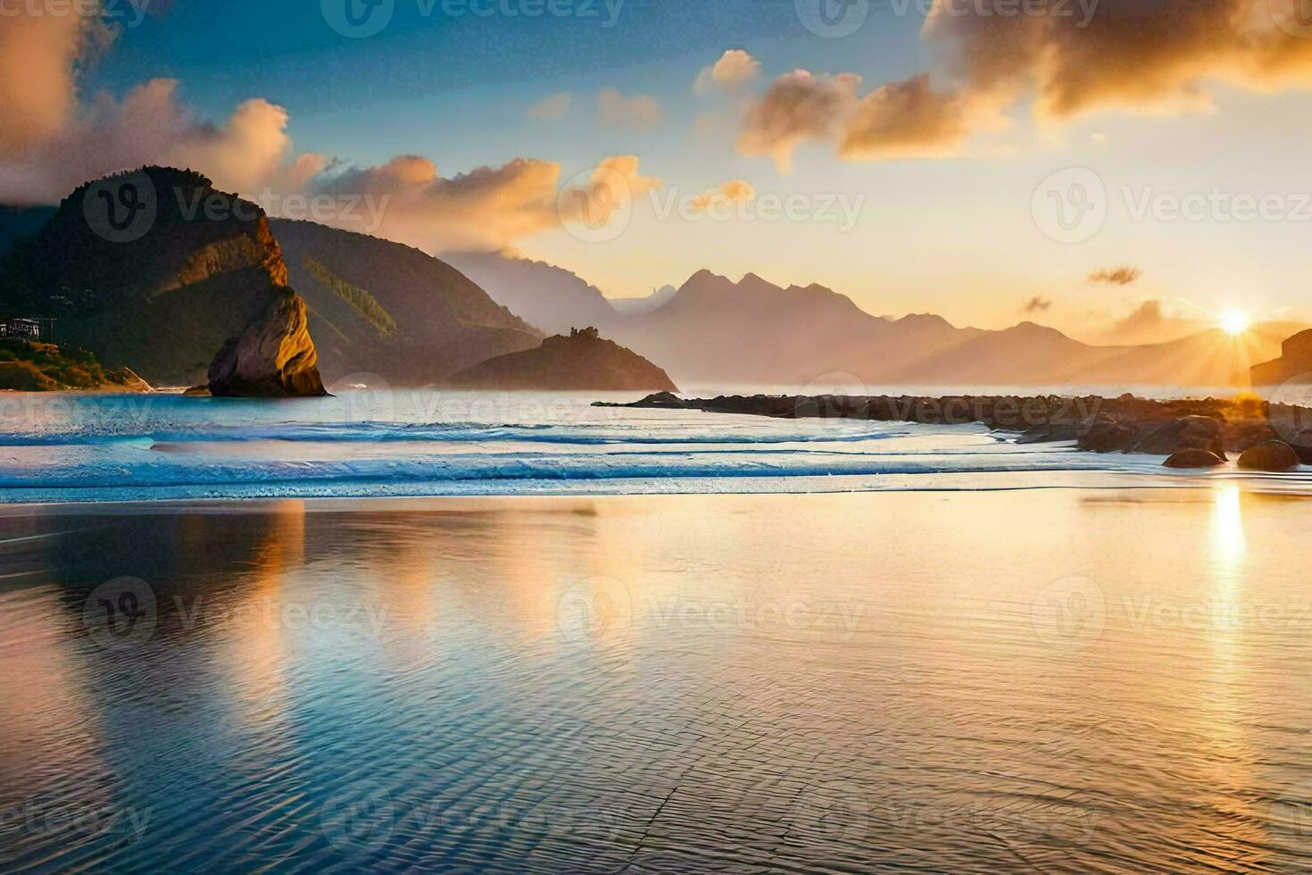 the sun sets over the ocean and mountains in this photo. AI-Generated photo