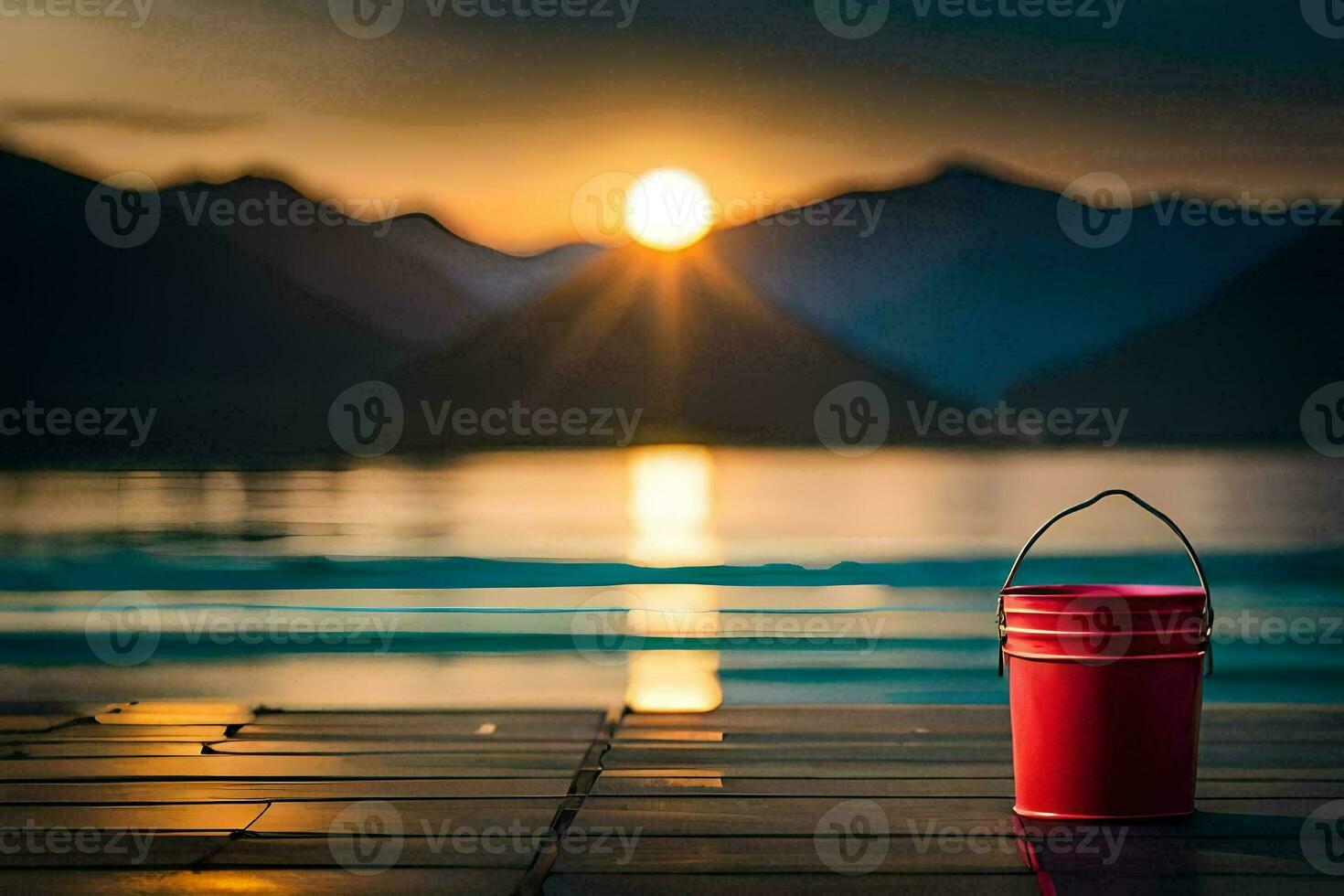 a red bucket sits on a dock overlooking a lake. AI-Generated photo
