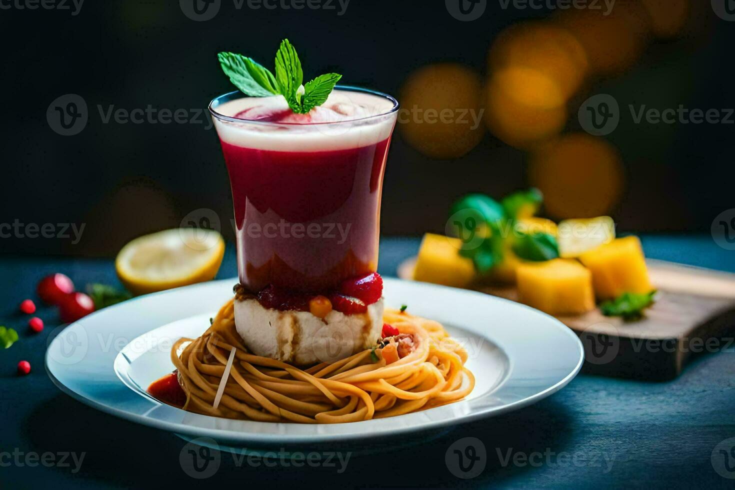 a plate with spaghetti and a drink on it. AI-Generated photo