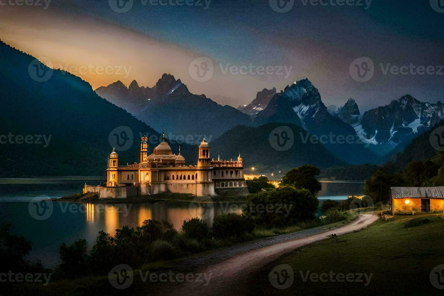 a beautiful castle sits on the shore of a lake at dusk. AI-Generated photo
