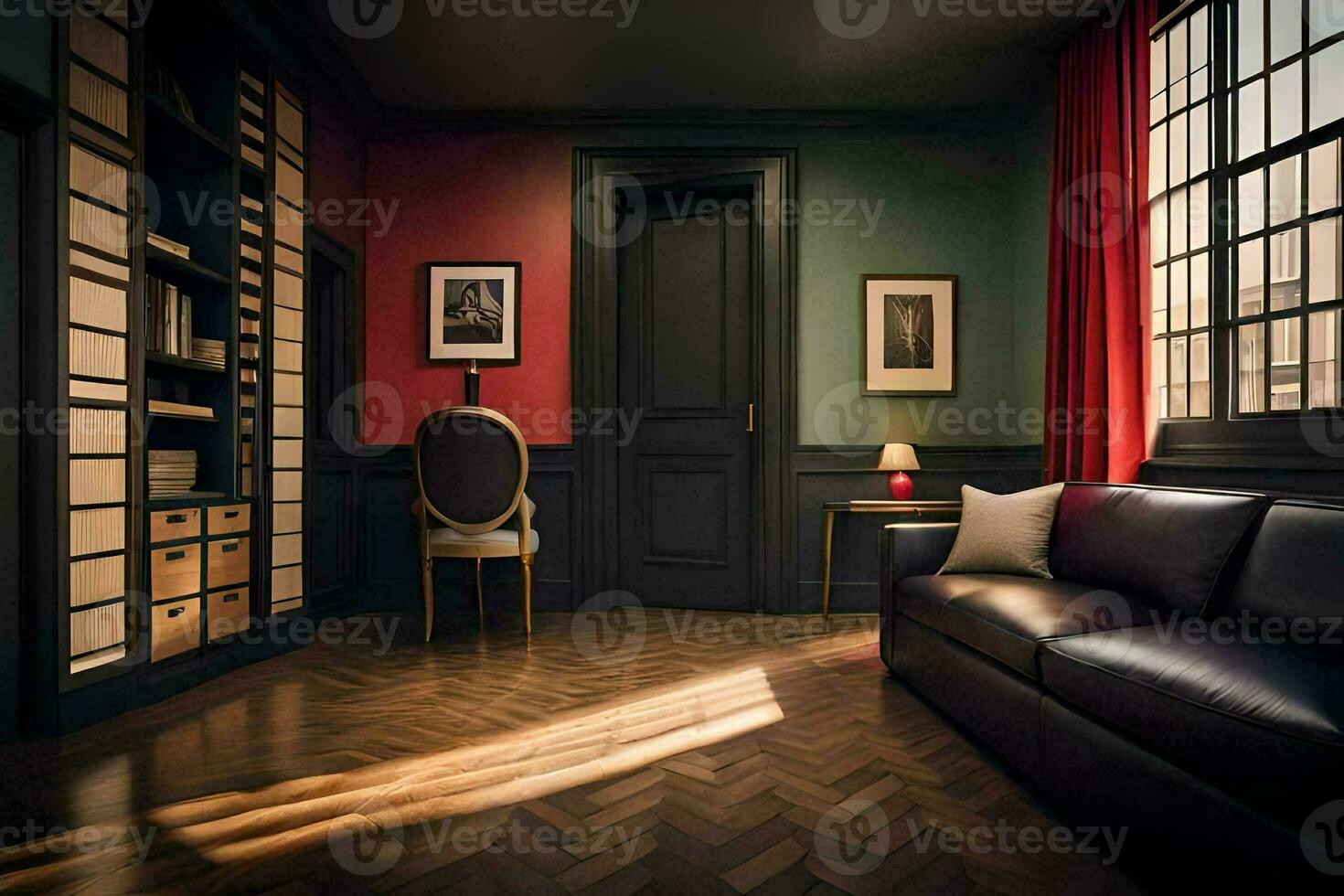 a room with a couch, bookshelf and a window. AI-Generated photo