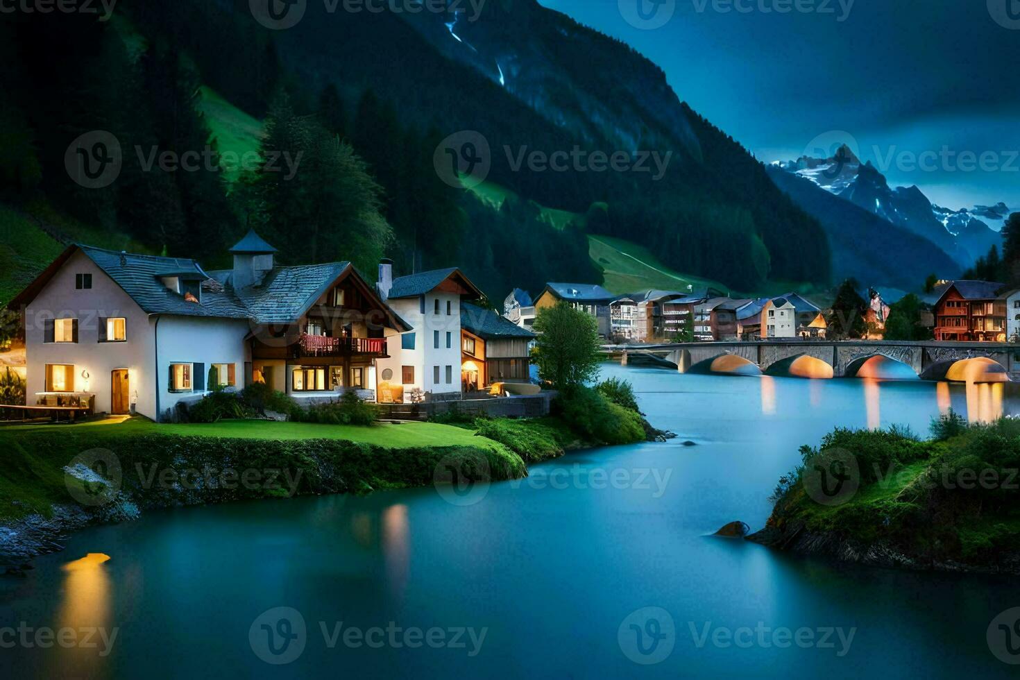 photo wallpaper mountains, house, river, night, alpine village, house, house in the. AI-Generated