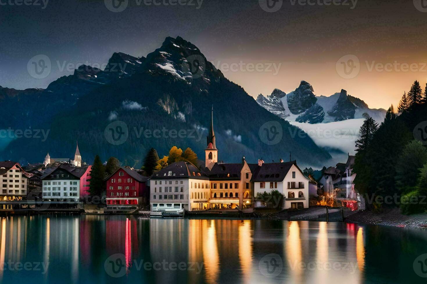 a town sits on the shore of a lake at dusk. AI-Generated photo