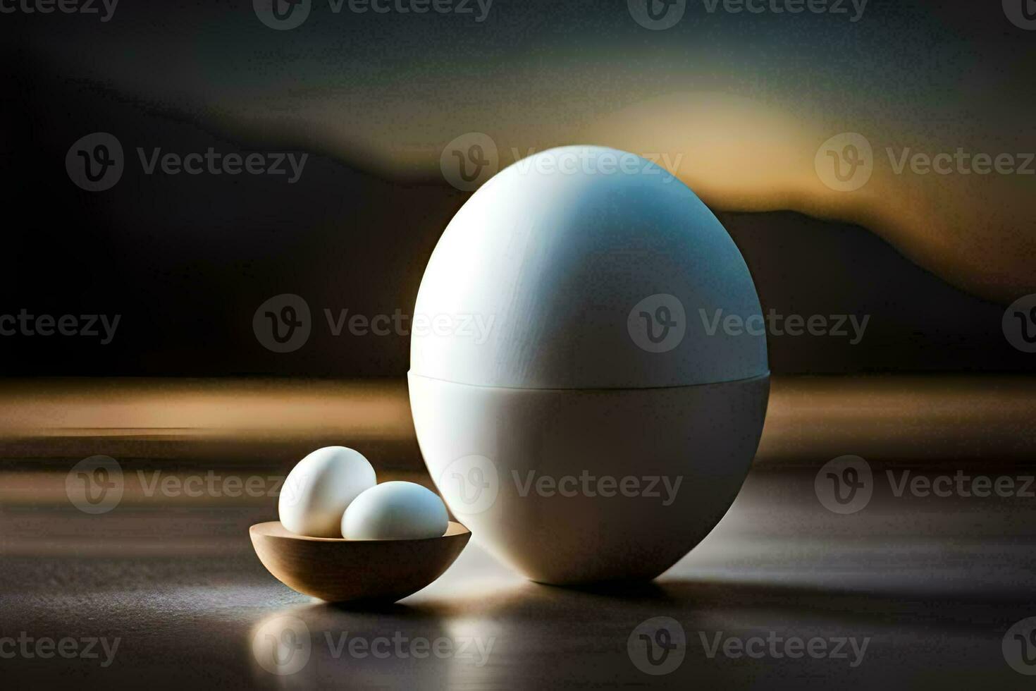two eggs sit in a wooden bowl on a table. AI-Generated photo