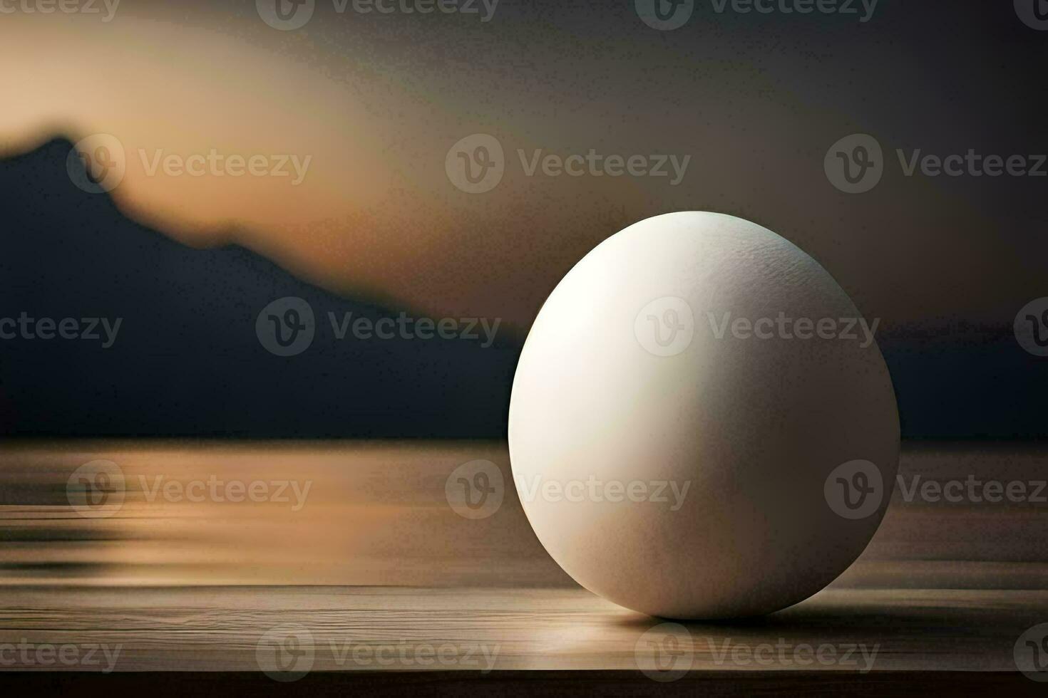 an egg sitting on a table in front of a mountain. AI-Generated photo