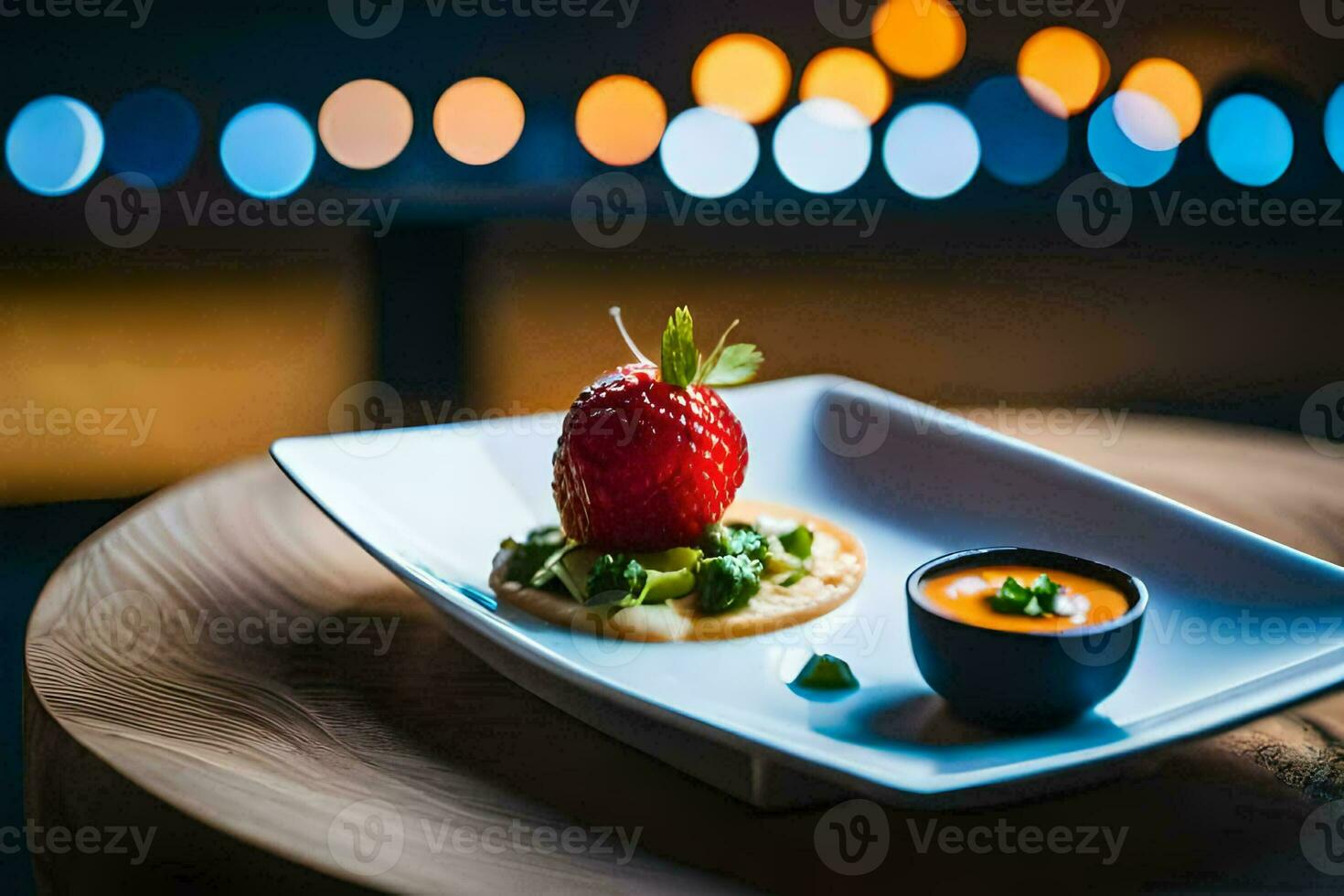 a strawberry and a sauce on a plate. AI-Generated photo