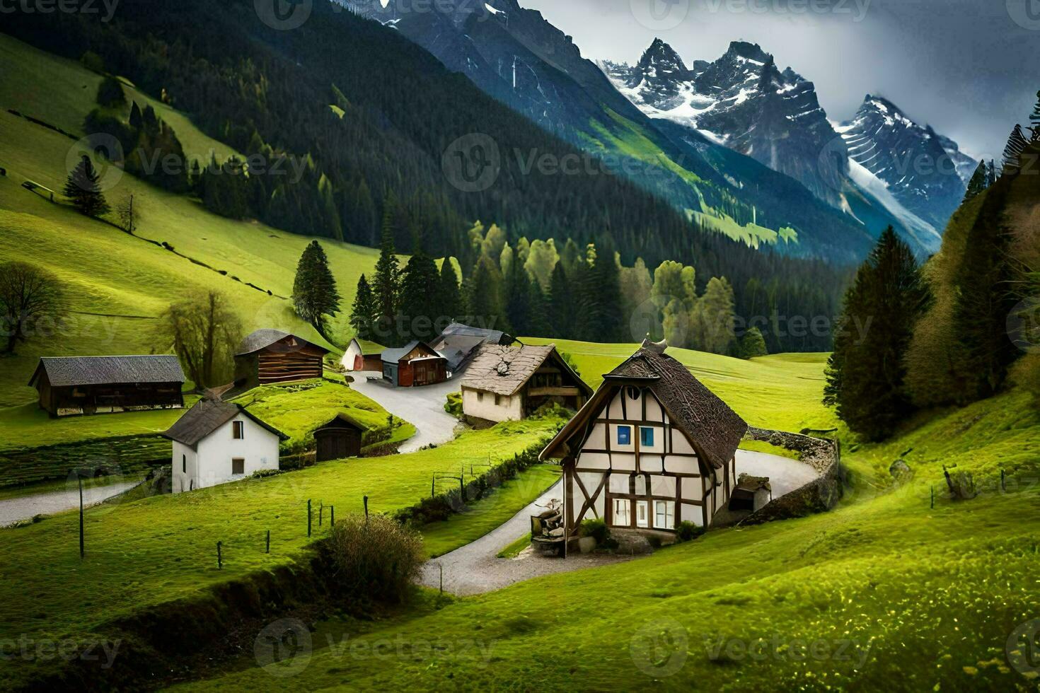 photo wallpaper the sky, mountains, trees, grass, house, road, house, road,. AI-Generated