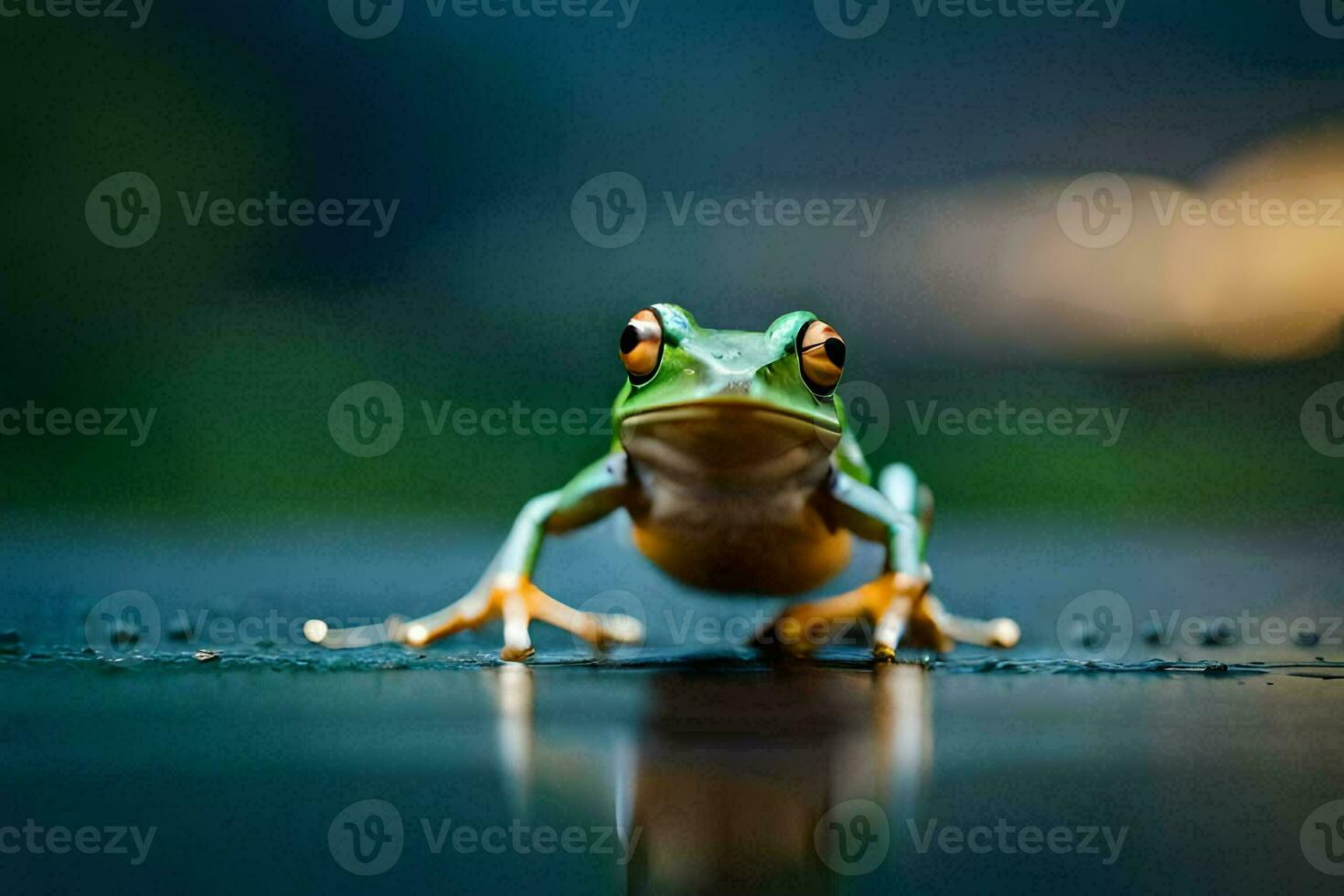 a frog sitting on the ground with its legs spread. AI-Generated photo