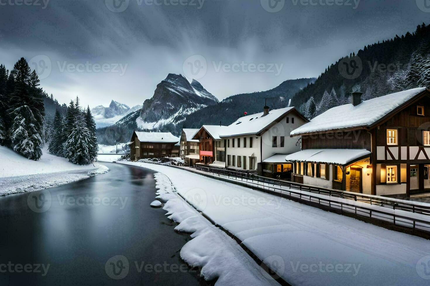 un río carreras mediante un Nevado pueblo en el montañas. generado por ai foto