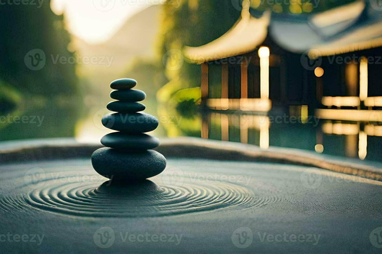 a stack of stones sitting on top of a pond. AI-Generated photo