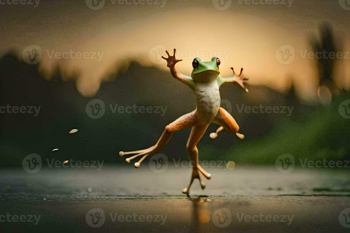 a frog jumping in the air on a wet surface. AI-Generated photo