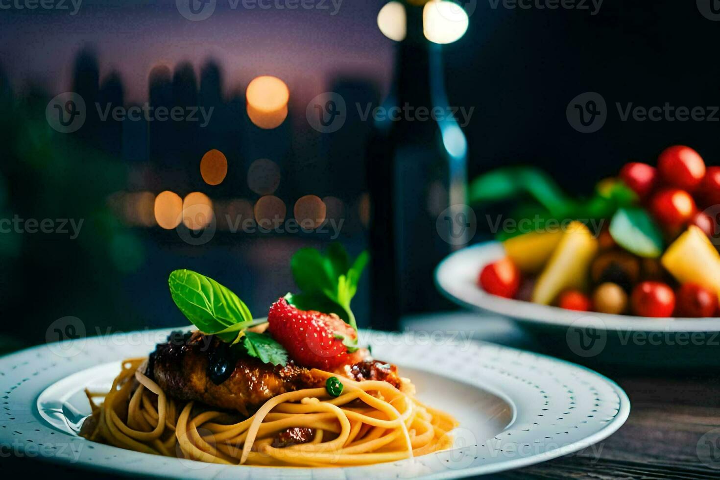 spaghetti with meat and berries on a plate. AI-Generated photo
