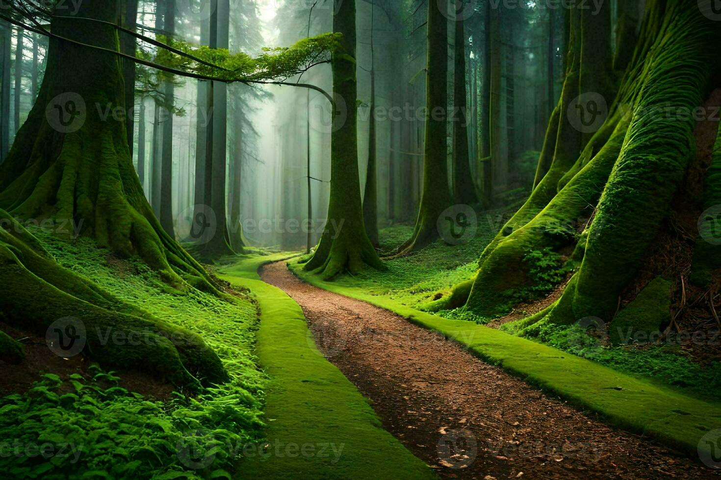 a path through a green forest with mossy trees. AI-Generated photo