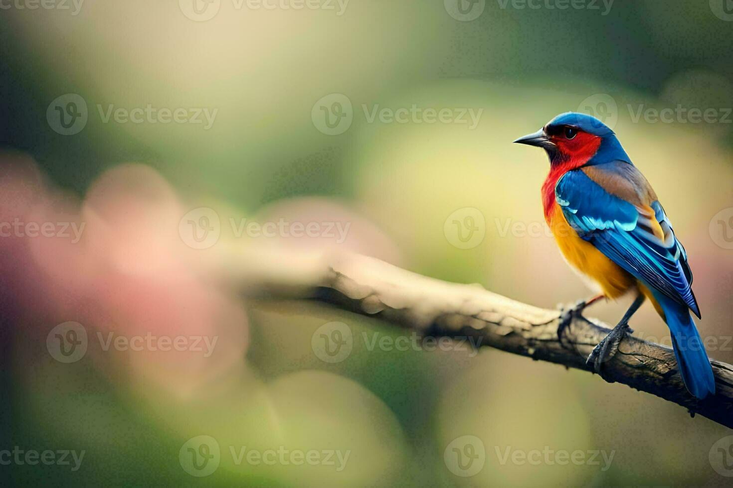 a colorful bird sits on a branch. AI-Generated photo