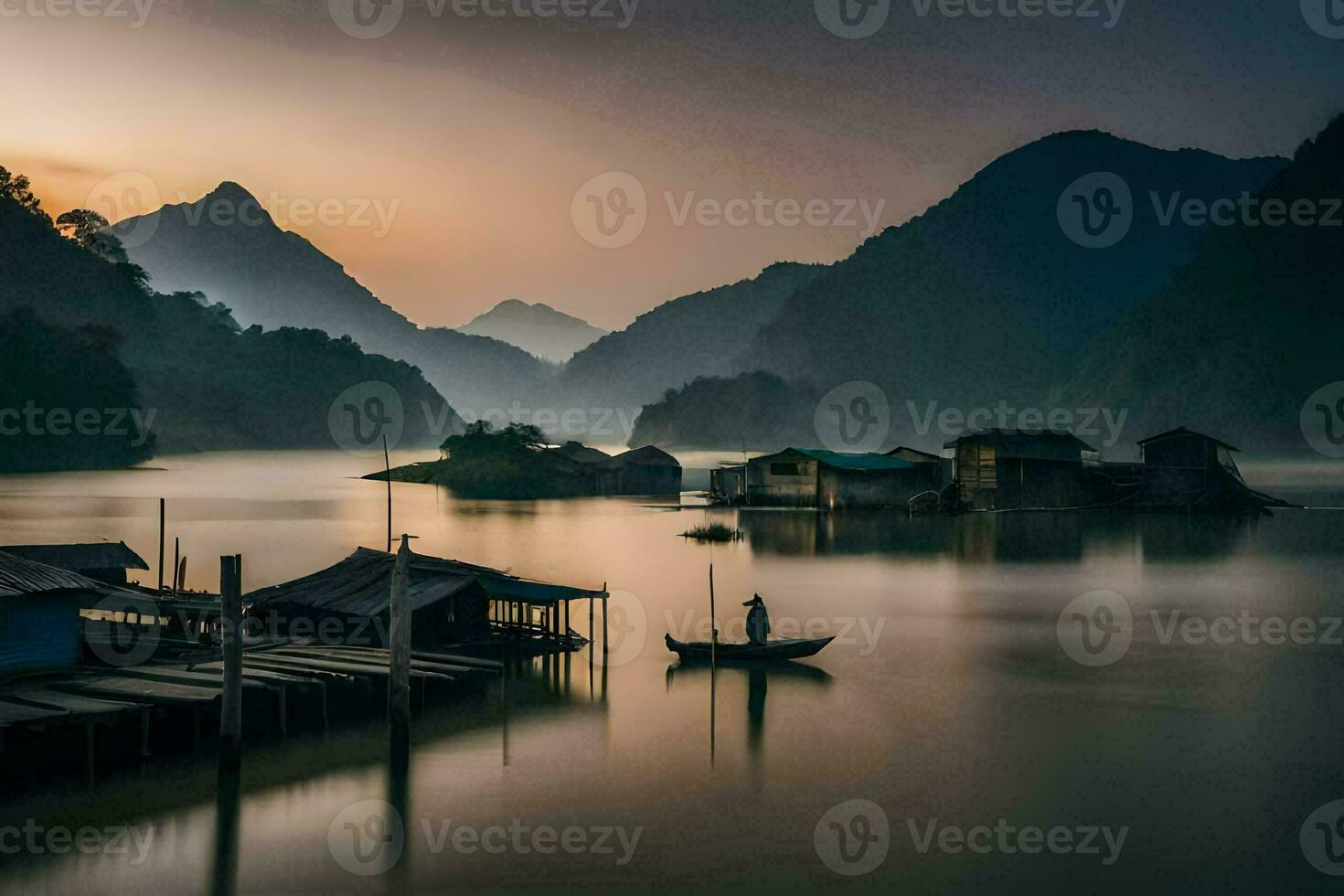 a boat is in the water near a mountain range. AI-Generated photo