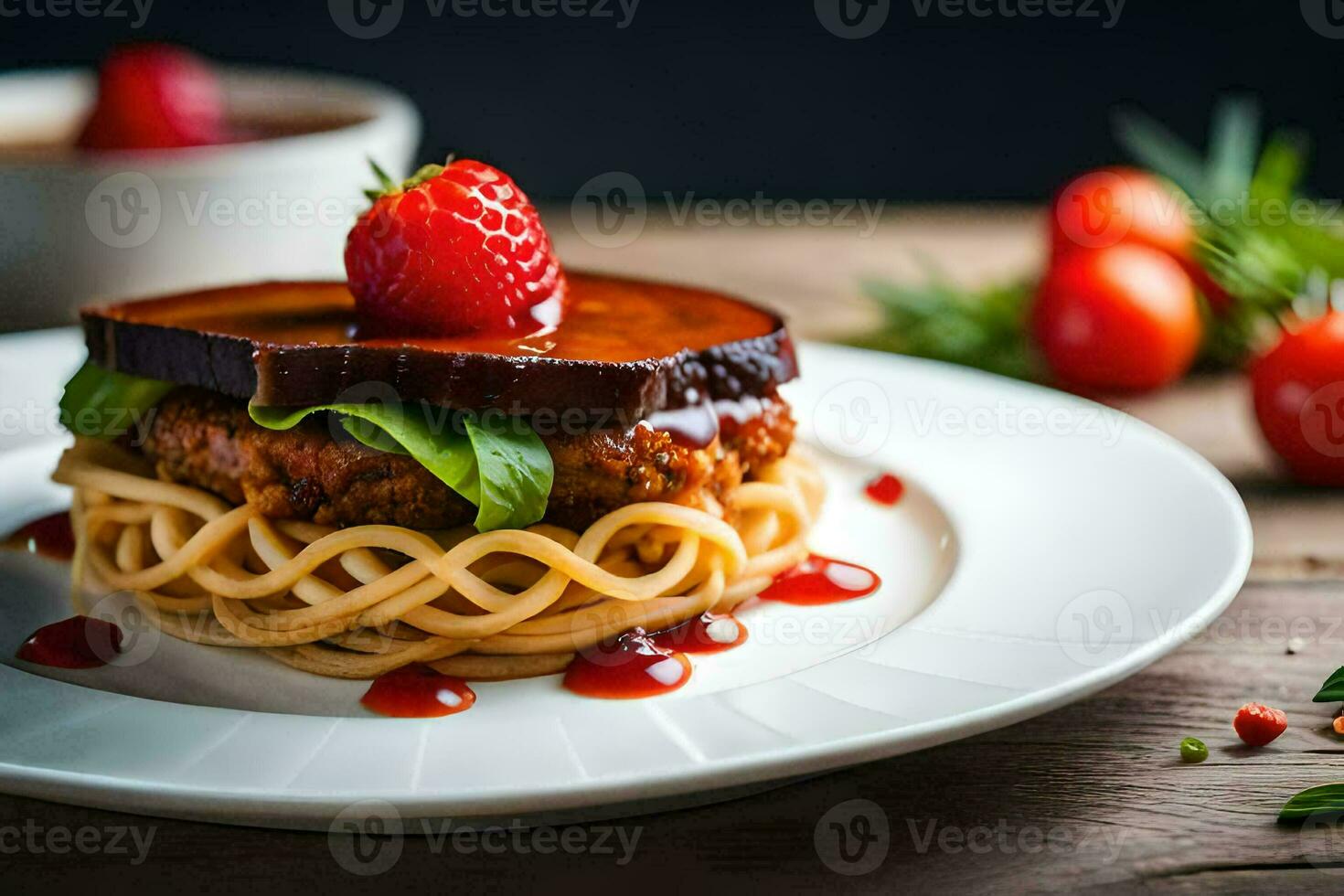 a plate with a burger and spaghetti on it. AI-Generated photo