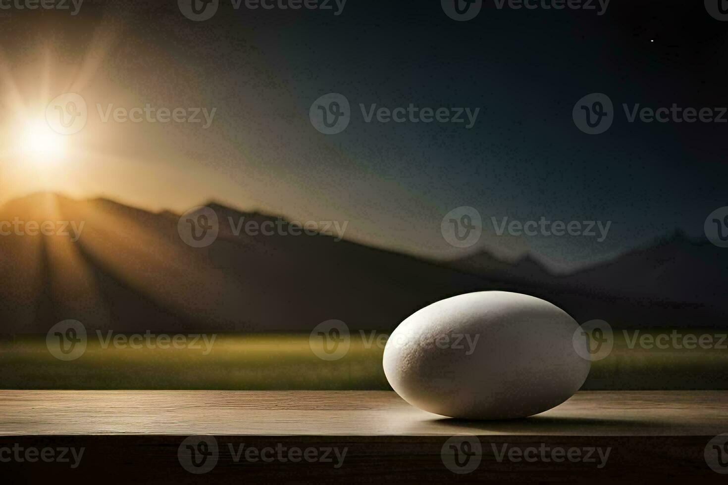 egg on a table in front of a mountain. AI-Generated photo