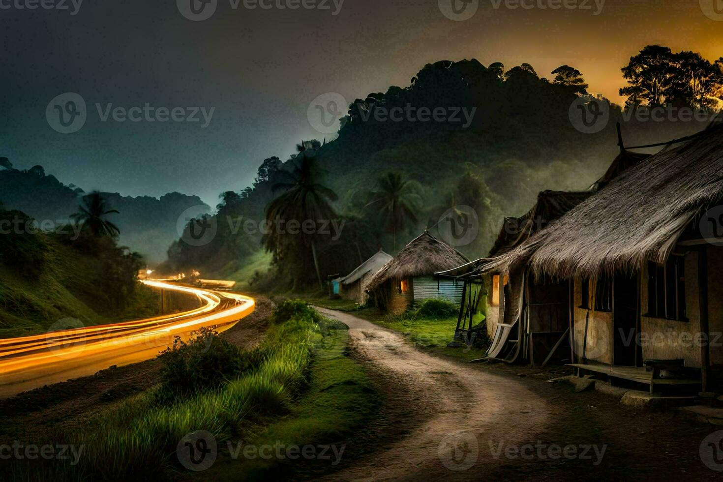a road in the mountains with a long exposure. AI-Generated photo
