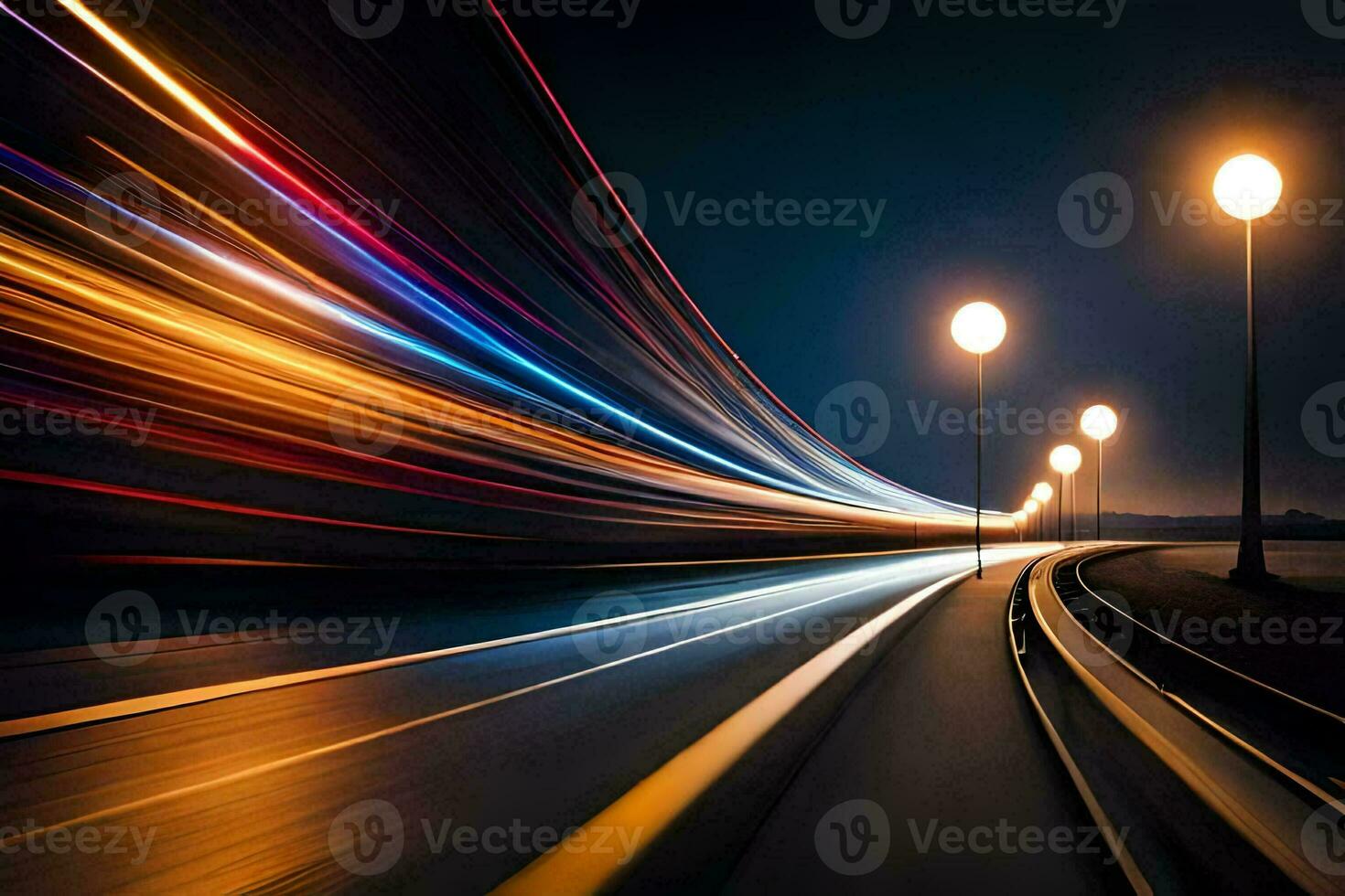 un largo exposición fotografía de un autopista a noche. generado por ai foto