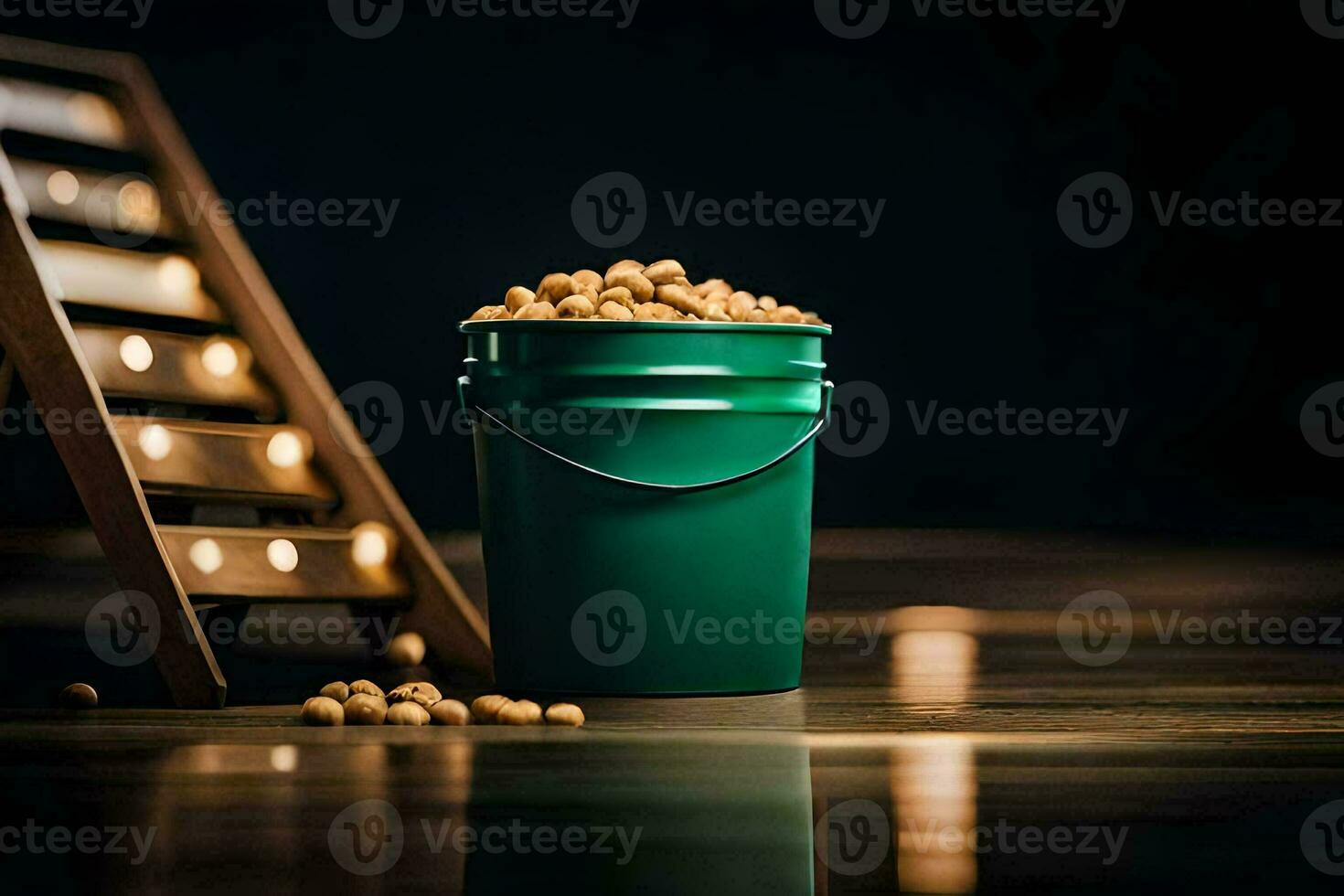 a bucket of peanuts on a table with a ladder. AI-Generated photo