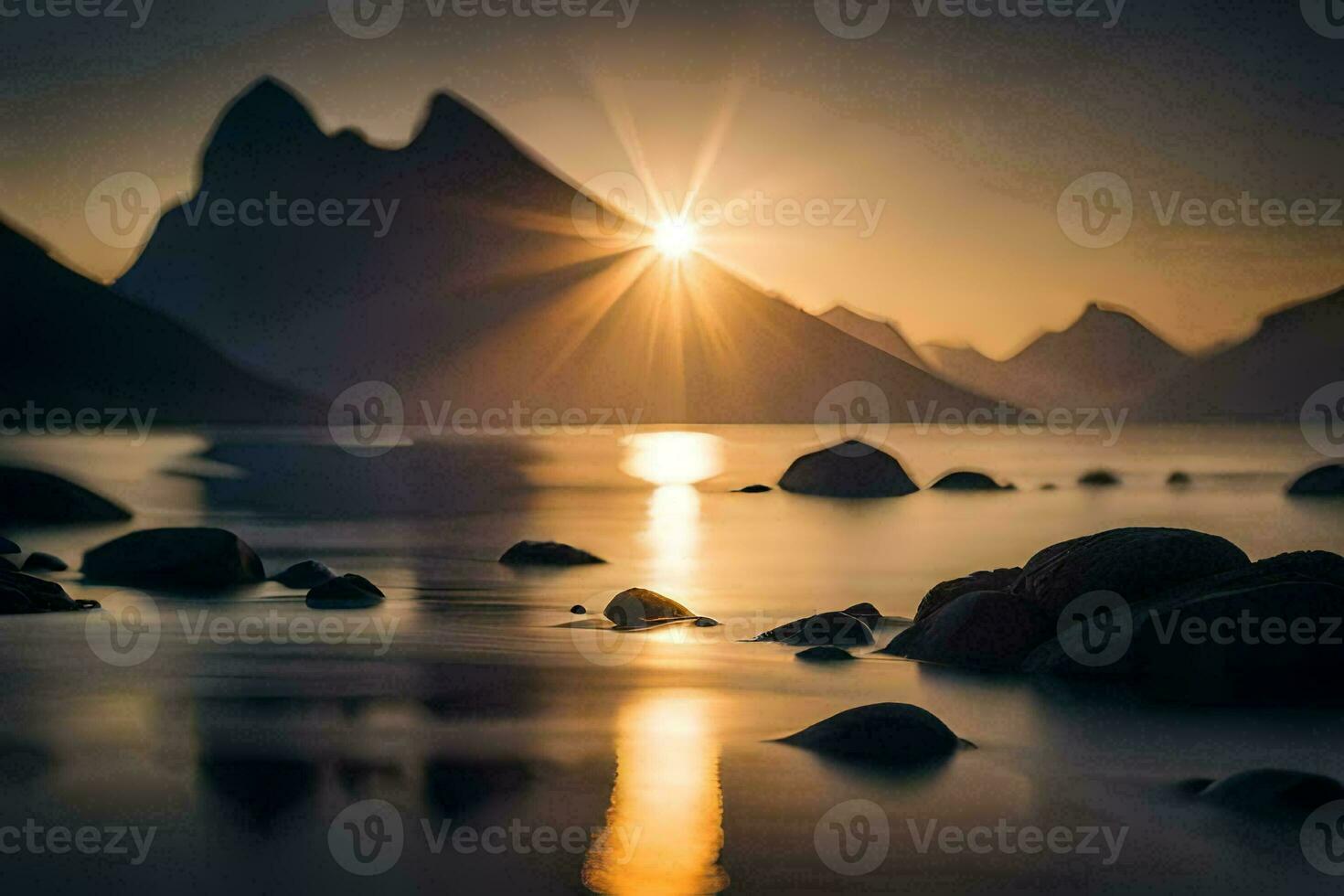 the sun is setting over a mountain range in the ocean. AI-Generated photo